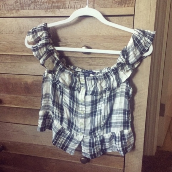 Plaid American Eagle Crop Ruffle Off Shoulder - Picture 1 of 2